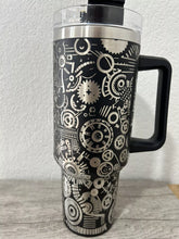 Load image into Gallery viewer, 40 oz Tumbler with Handle- Laser Engraved- Clock Gears in Black and Chrome