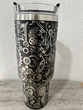 Load image into Gallery viewer, 40 oz Tumbler with Handle- Laser Engraved- Clock Gears in Black and Chrome