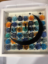 Load image into Gallery viewer, Handmade Flower shadow box- Love you to the moon and back- blues and yellows
