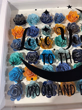Load image into Gallery viewer, Handmade Flower shadow box- Love you to the moon and back- blues and yellows
