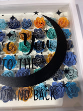 Load image into Gallery viewer, Handmade Flower shadow box- Love you to the moon and back- blues and yellows
