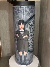 Load image into Gallery viewer, 20oz Skinny tumbler with Dual Lids- Wednesday Black and rainbow
