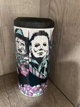 Load image into Gallery viewer, Can Cooler- 4 in 1- Graphic Tumbler- Cute Horror Chuckie, Clowns, Scream, Scary Movies
